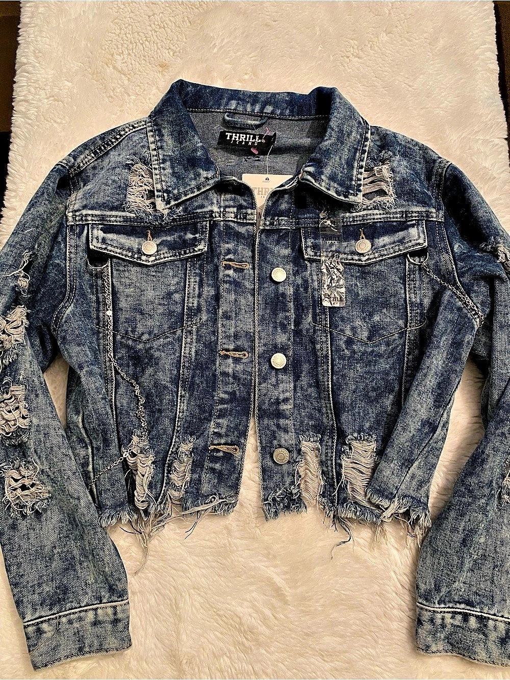 Thrill Denim Jacket Cropped Distressed Blue Size Medium NWT